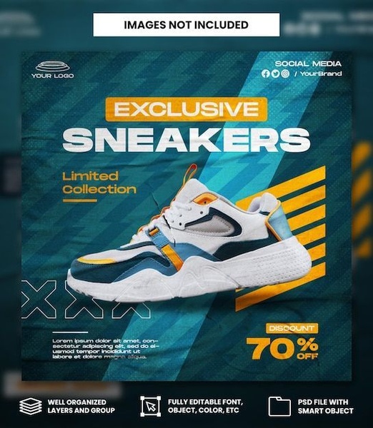 sneakers, running shoes, athletic shoes, sport shoes, casual footwear, training shoes, discount offer, bestseller push, modern typography, energetic, bold, blue, yellow, neutral